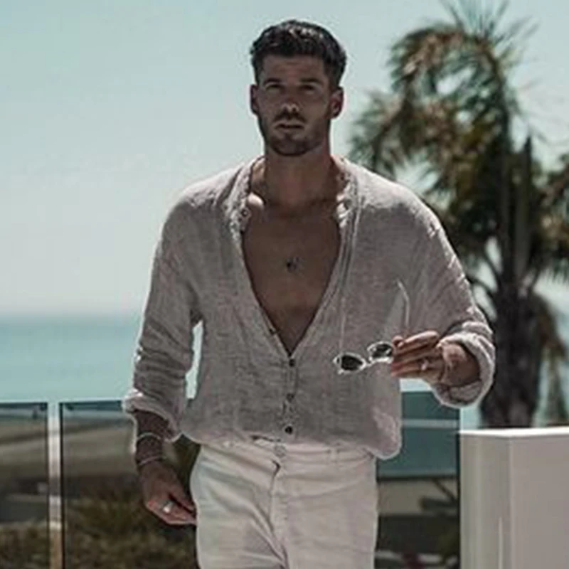 Herren Vintage Kragenloses einfarbiges Leinenhemd Lässige Streetwear Revers Button-Down Langarm Urlaubsmode Freizeitbluse
