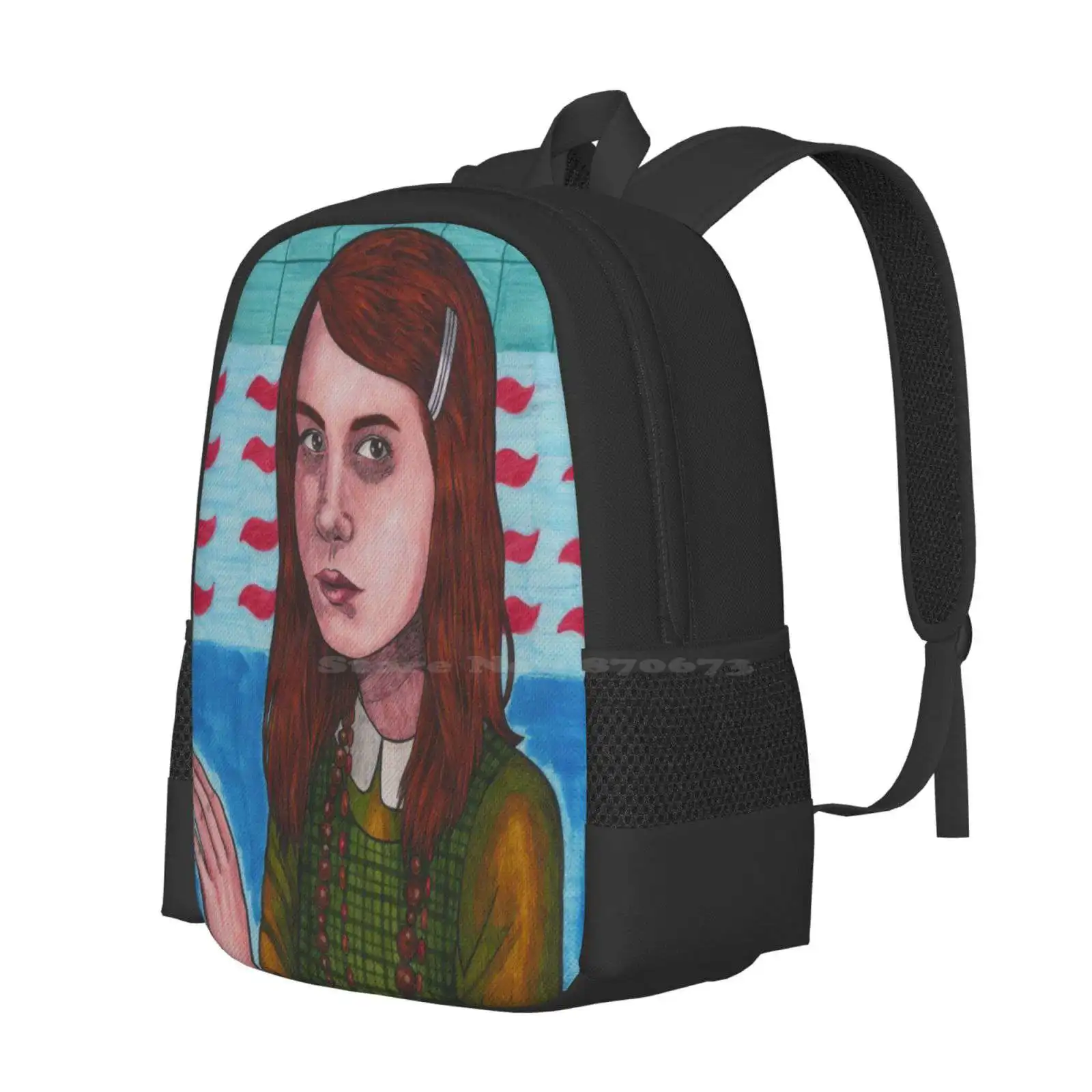 Mochila con diseño de impresión 3D Genie, bolso de estudiante, retrato de niña Genie de los años 70, cuentas Vintage de Hospital, patrón azul y verde, cara Retro marrón