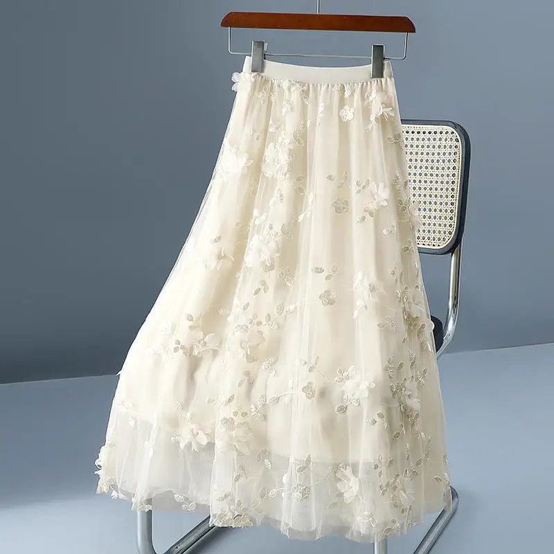 2026 Fashion Summer Double-layer Mesh Skirt Women's Embroidery Appliques Skirts Slim Elastic-waist Casual Elegant A-line Skirts