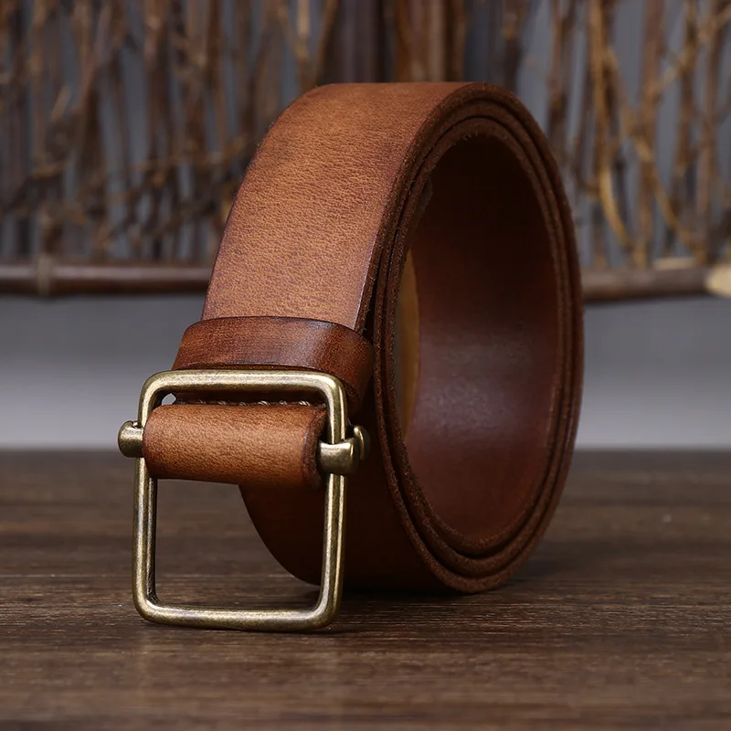 New Men's Non-Perforated Leather Belt, Smooth Buckle, Top Layer of Cowhide, Retro Simple and Versatile Denim Belt