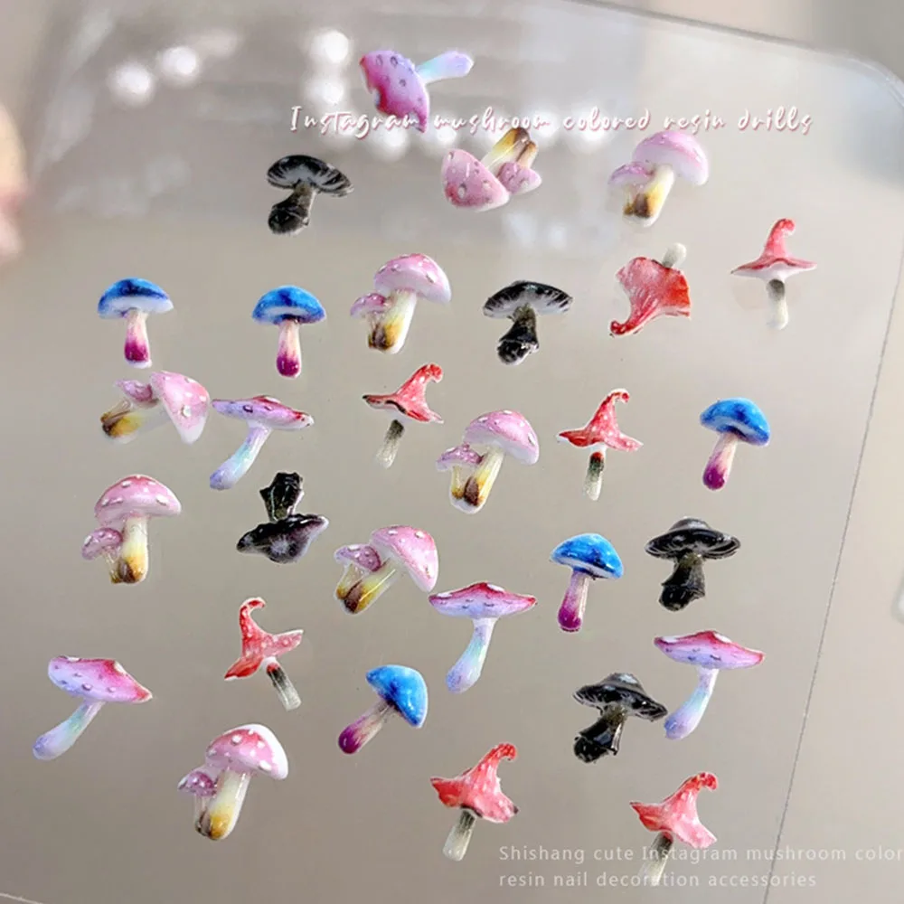 50 Uds. De dijes de uñas de setas Kawaii, piezas de resina acrílica 3D para uñas, mezcla de colores, decoración de uñas para manicura, Mini accesorios de setas