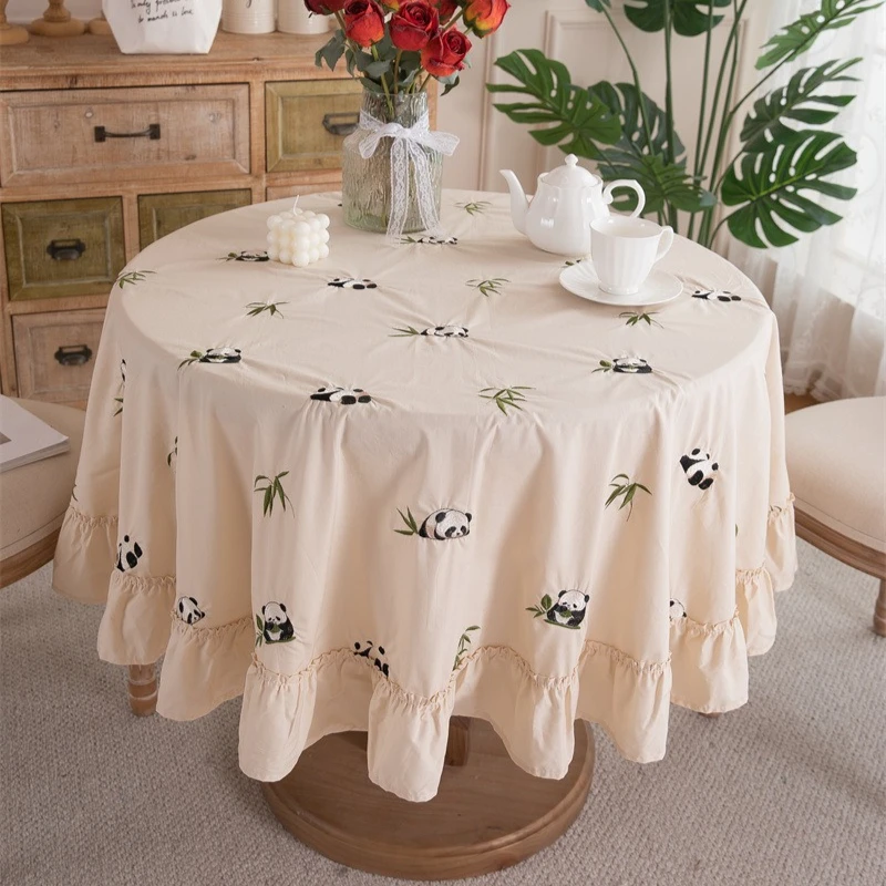 

Table Cloth Round Animal Embroidery Kawaii with Ruffle Table Cover Linen Dining Table Decor Simple Tablecloth Diameter 150cm