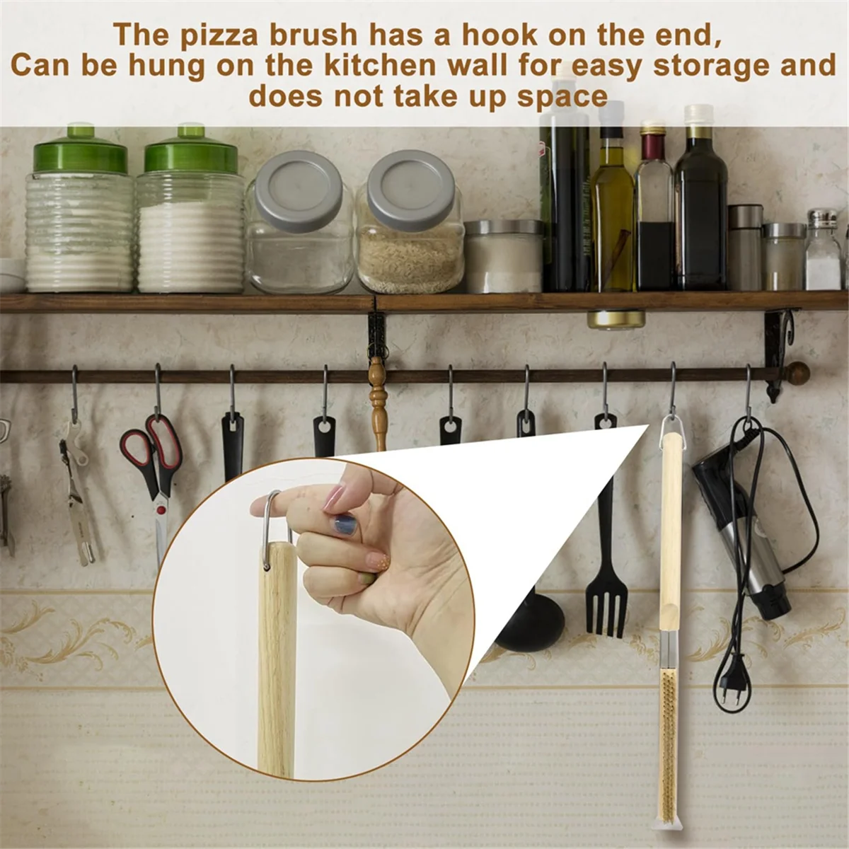 

Pizza Oven Brush with Wooden Handle, Long Handle Pizza Brush and Removable Baking Hand Clip SetHUG