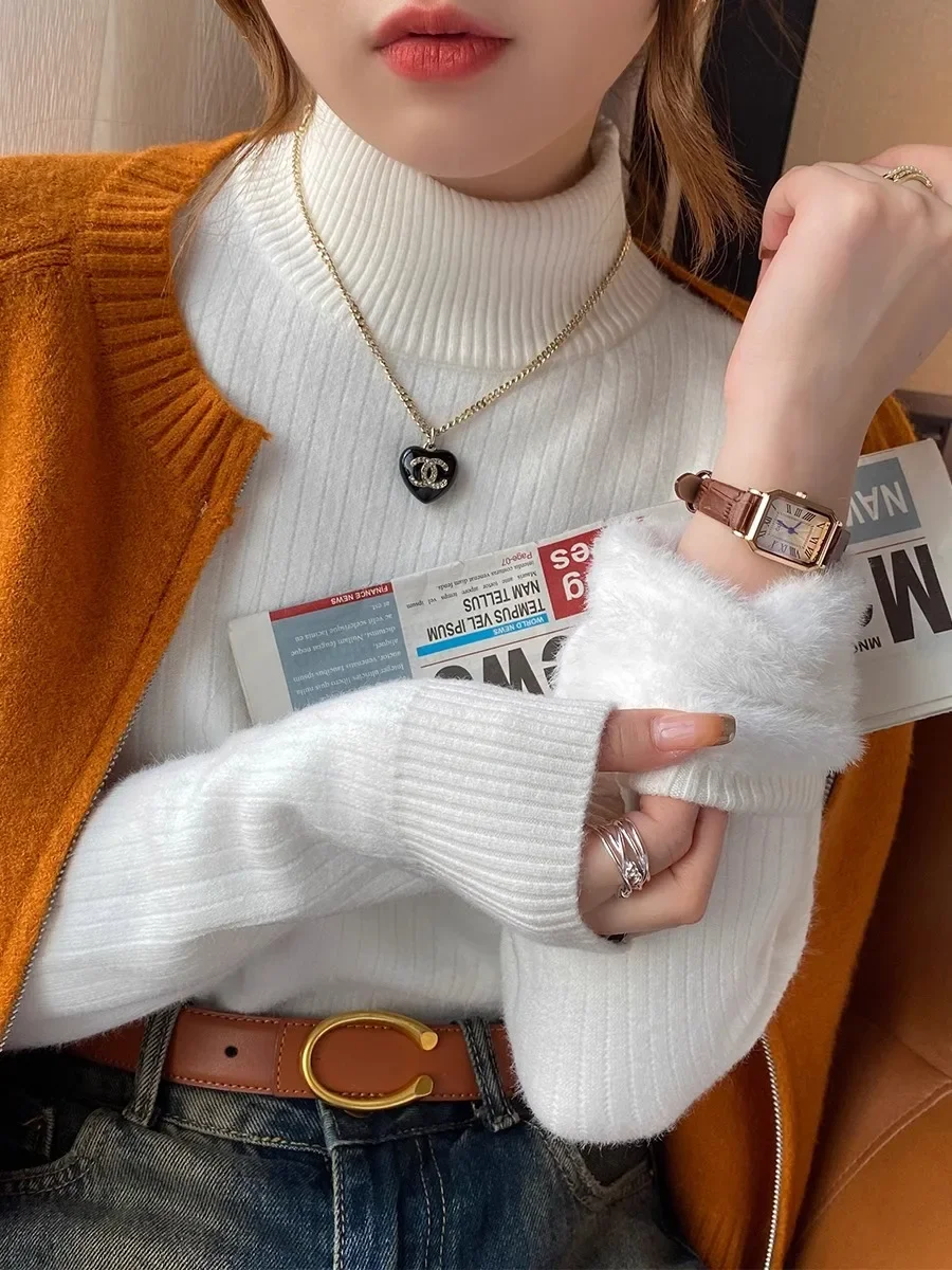 Sweter Dla Kobiet Zimowy Gruby Turtleneck Slim Knit Pullover New Warm Plush Velvet Lined Knitwear Jumper Tops Casual Poleras