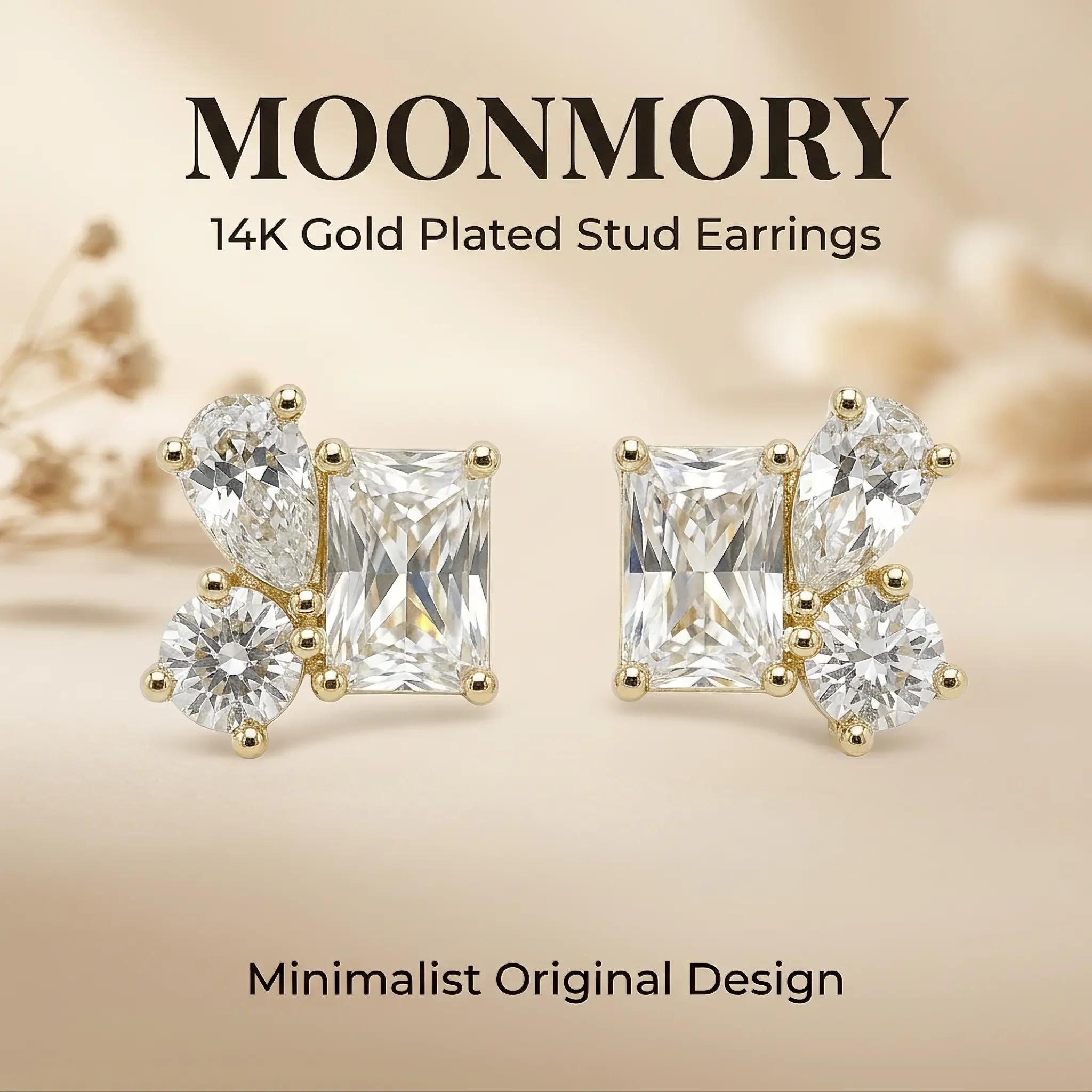 Moonmory Minimalistische Luxusmarken Birnen-, Marquise- und Rundschliff Zirkon-Ohrringe für Frauen 5A 14K Doppelt Vergoldeter Schmuck Geschenk – Detail 3