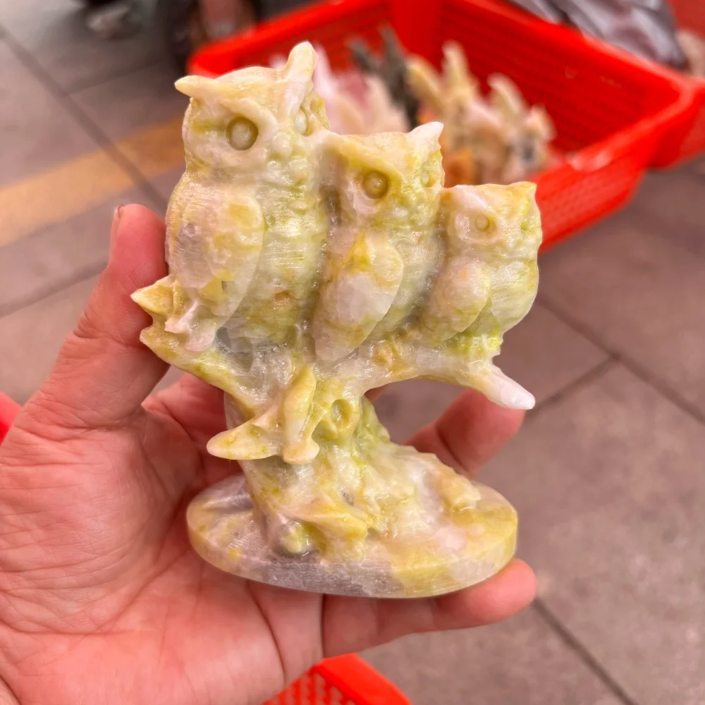 Natural Crystal Raw Stone Lemon Calcite Three Owls Branch Figurine Reiki Healing Gothic Home Desktop Ornament Gift