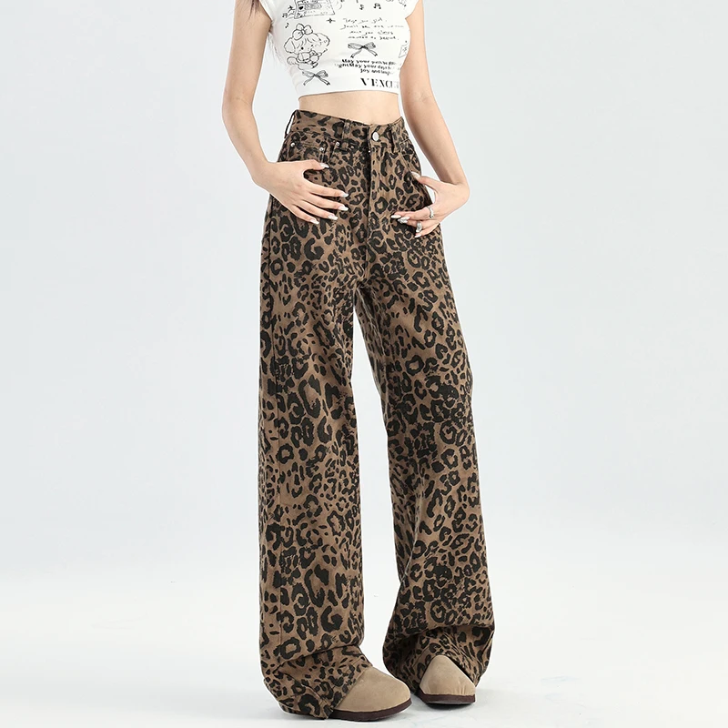 2025 Autumn New American Style High Waist Retro Leopard Print Jeans for Women Straight Loose Wide Leg Floor-Length Pants