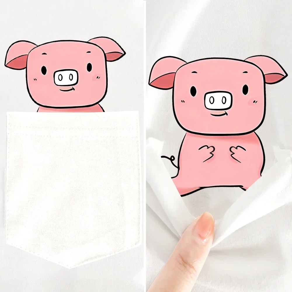 CLOOCL Cute Piggy Cotton T-Shirts Funny Pigs Middle Finger Printed Pocket T-shirt Mens Women Short Sleeve Shirts Hip Pop Tops