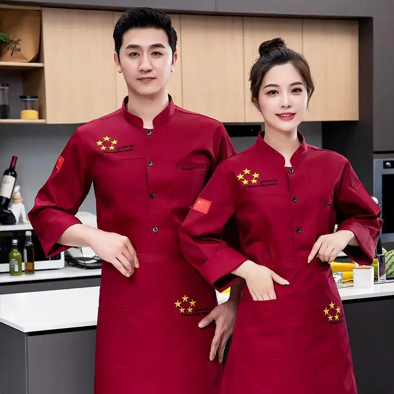 Hotel Chef Overalls Long Autumn Winter Clothes Restaurant Rear Kitchen Clothing Men's and Women's Sleeve W