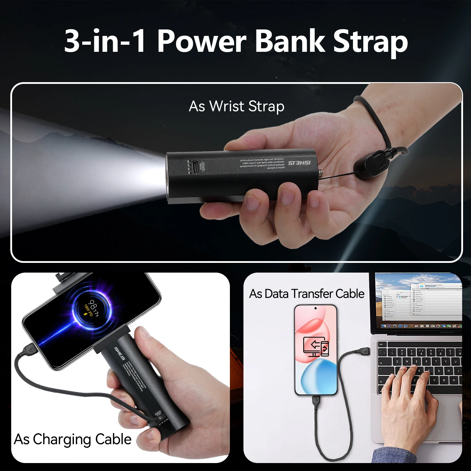 منافذ شحن ISHEJS بقدرة 5000 مللي أمبير في الساعة من النوع C مع حامل ثلاثي القوائم صغير ﻿   للهواتف الذكية كاميرا بدون مرآة