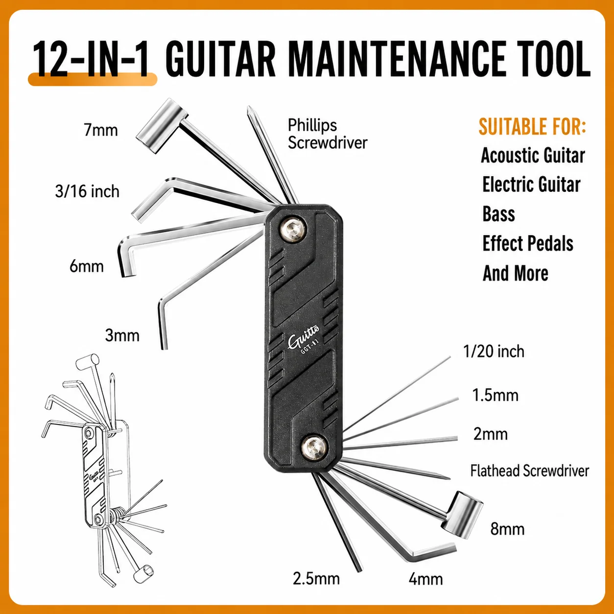 Guitar Truss Rod Wrench Set Multifunction Hex Wrench Tool for Acoustic Electric Guitar Bass Setup Repair Maintenance