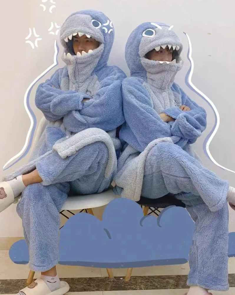 Couple\'s Winter Warm Thin Pajama Suit Length To The Ankle Polyester Animal Cartoon Breasted Type Leisure Wear With A Hat