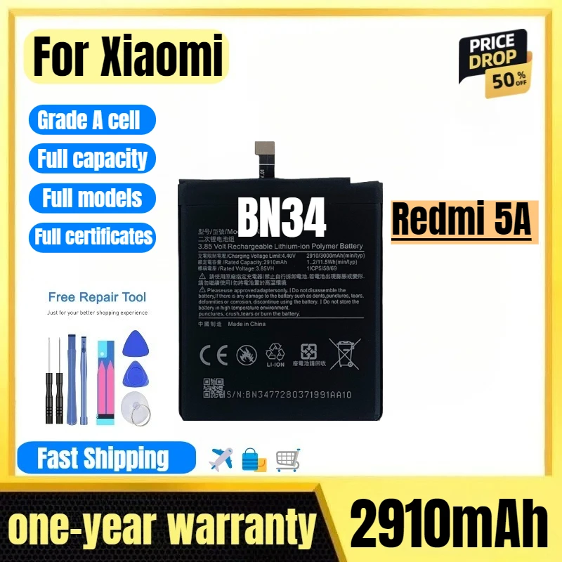 

BN34 for Xiaomi Redmi 5A Mobile Phone Battery High Quality High Capacity Battery Replacement Bateria Grade A Cell with Tools