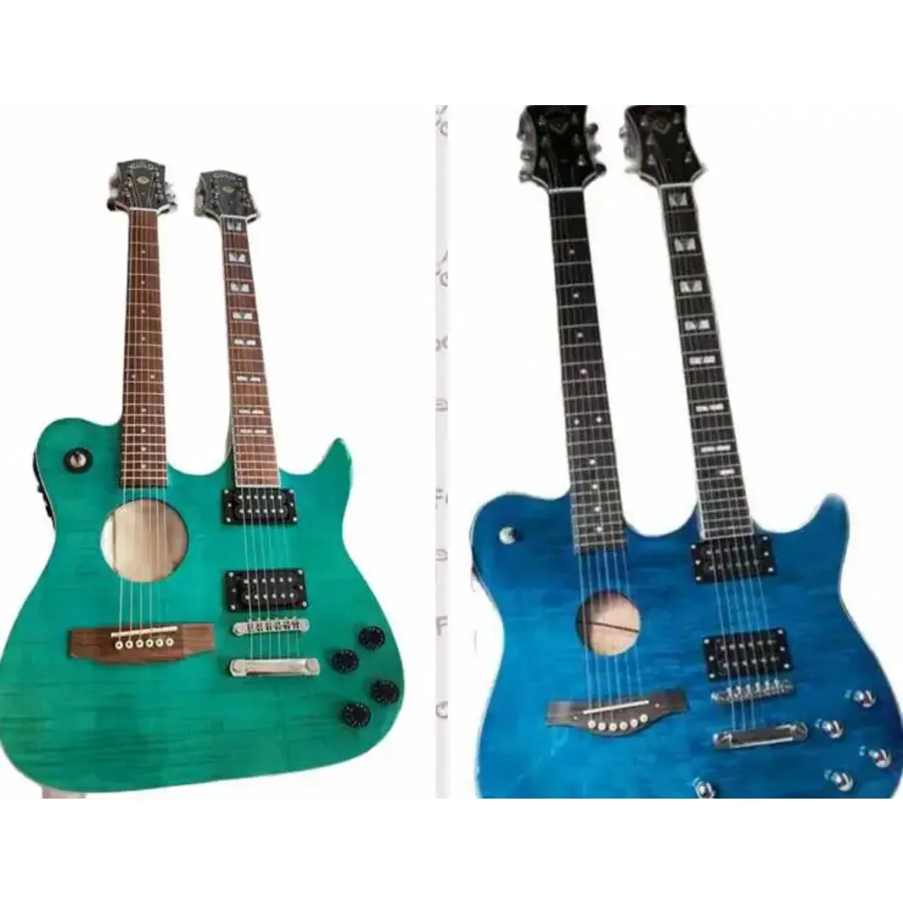 Double Neck Hollow Body Acoustic Electric Guitars Green Blue Flame Maple Top Slash 6+6 Strings Abalone Inlay Guitar Accessories