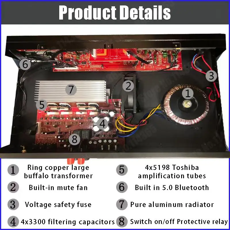 110/220V 555BT Dynamischer Bildschirm-Soundverstärker 298BT HiFi Stereo Digitaler Bluetooth-Verstärker für Zuhause, Auto, Karaoke, Theater, max. 2500W – Detail 8