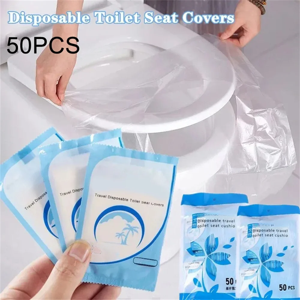 50Pcs Disposable Plastic Toilet Seat Cover Waterproof and Non Slip Individually Wrapped, for Travel, Toilet Seat Protectors