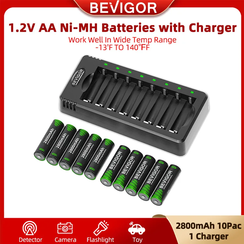 

BEVIGOR Rechargeable AA Batteries with Charger 10 Pack 2800mAh Double A Batteries with Smart 8 Bay Smart Battery Charger