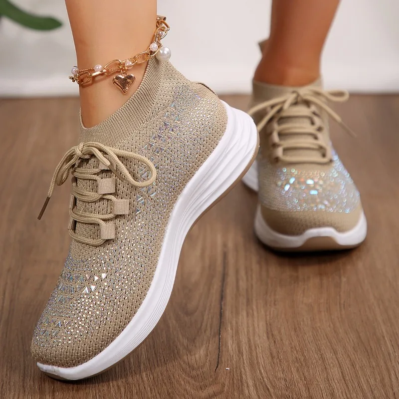 Ladies Shoes 2024 High Quality Lace-up Women's Vulcanize Shoes Fashion Crystal Ladies Casual Shoes New Round Head Mesh Sneakers