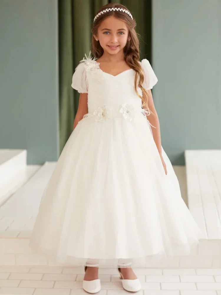 

Flower Girl Dresses Birthday Party Holy Communion Gowns Customized Ivory Flowers Appliques With Bow Short Sleeve For Wedding