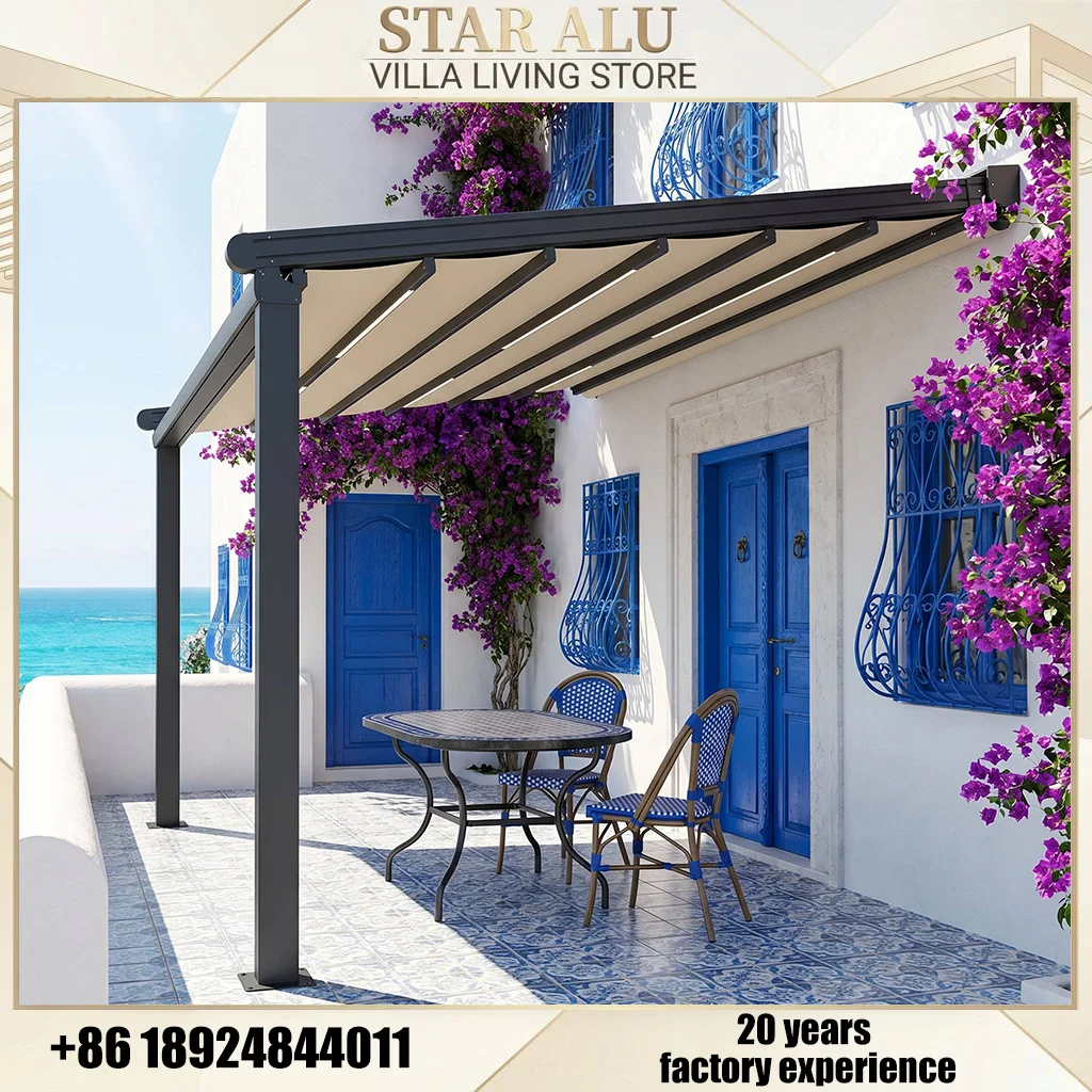 Motorized Retractable Patio Awning Aluminum Frame Waterproof PVC Canopy for Outdoor Terrace Balcony
