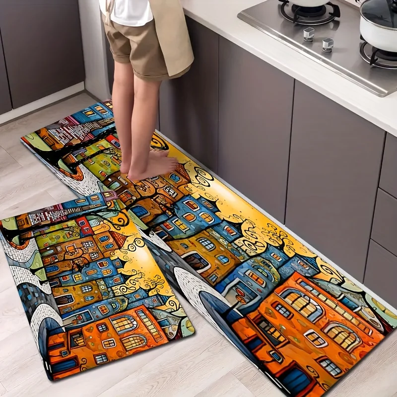 VIKAMA Animierter abstrakter Stadtgebäude-Teppich, Fußmatte, Willkommensmatte, bunter Küchenteppich, weicher Teppich für Schlafzimmer, Teppich für Wohnzimmer