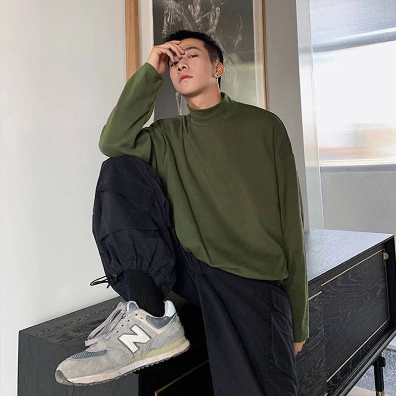 Fall Winter Half Turtleneck Solid Color Long Sleeve Men T Shirts Korean Fashion Teenager Student Harajuku 2xl Oversized Clothing