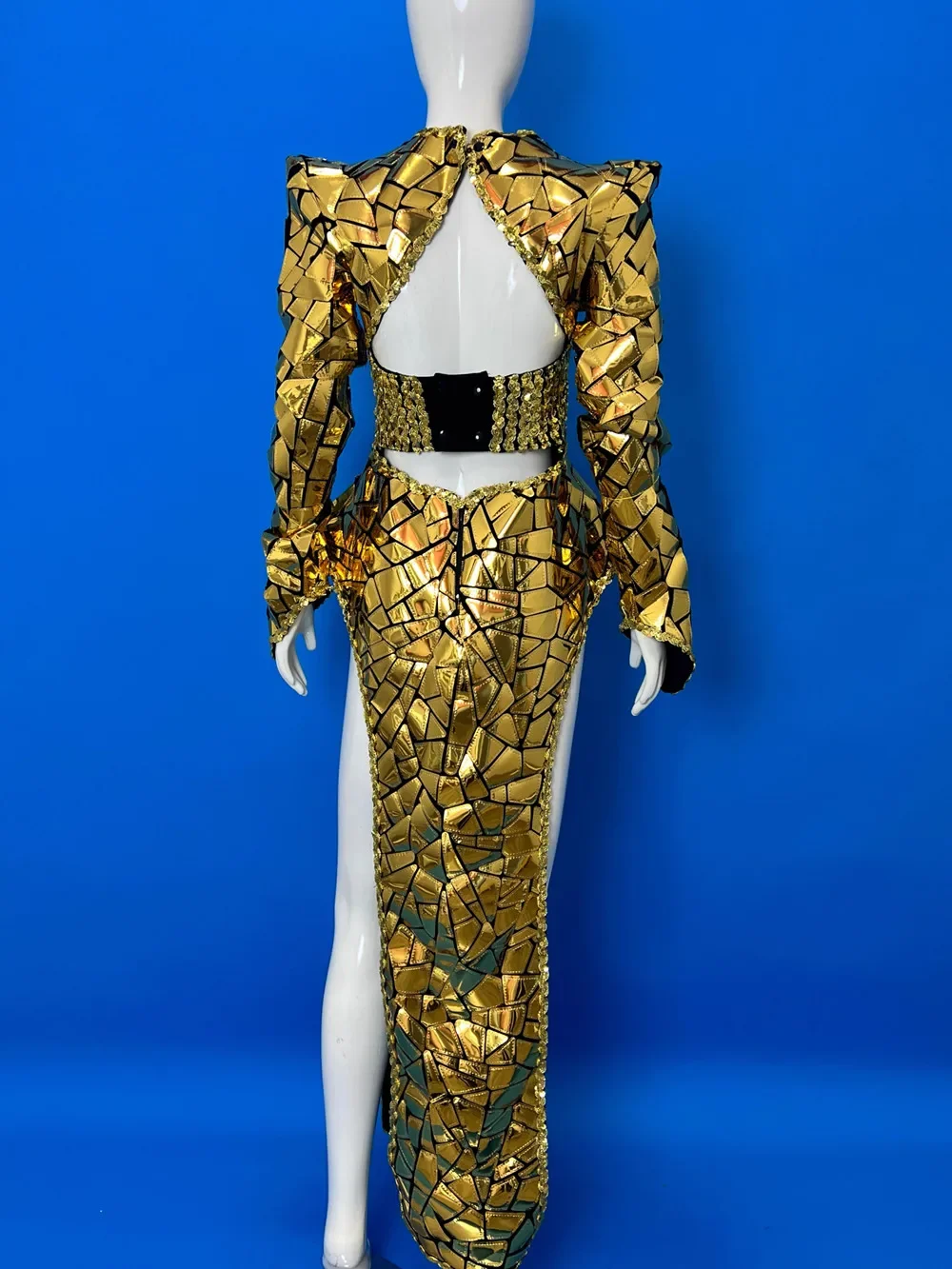 الذهب والفضة الليزر الترتر مثير المرحلة سبليت فستان طويل ملهى ليلي بار أداء ملابس رقص مرحلة حفلة سحب الملكة زي