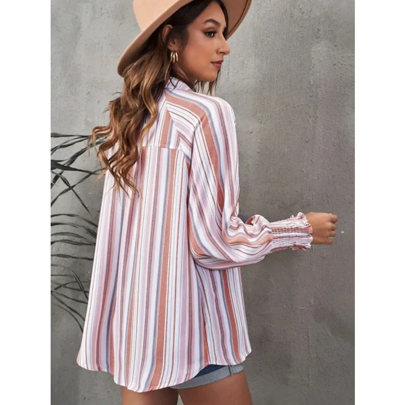 حجم كبير 1XL-5XL المرأة موضة ريترو مخطط فضفاض صالح بلوزة قميص السيدات قوس قزح نغمتين طوق طويل التخسيس #3