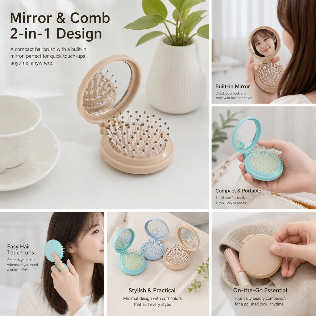 2 in 1 folding comb with mirror, compact travel pocket hairbrush, soft hair scalp massage portable mirror comb,