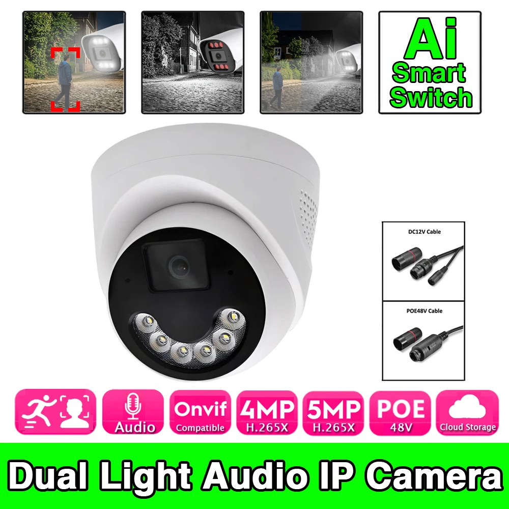 

Indoor IP POE Camera 5MP 4MP with Mic Audio Infrared Full Color Dual Light RTSP Xmeye Semi-ball Metal Heat Dissipation Smart AI