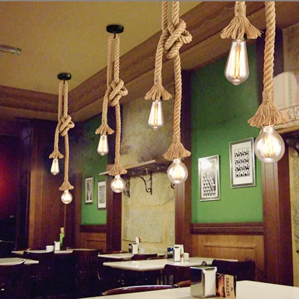 Retro Vintage Hemp Rope Pendant Light Hanging Lamps Creative Loft Country Style Ceiling Lamps E27 Edison LED