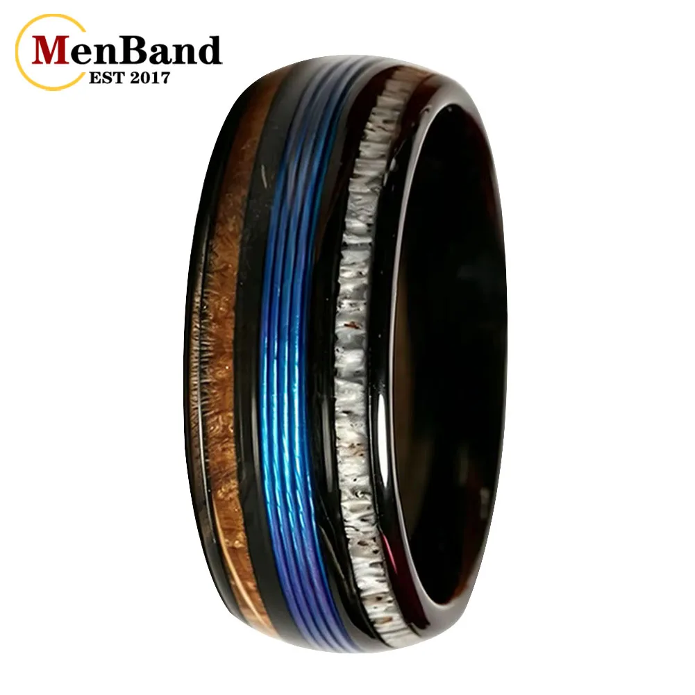 New 8mm Antler，Whiskey Barrel Wood, Fishing Line Inlay Black Tungsten Wedding Ring，Personalized Promise Ring Comfortable Fit