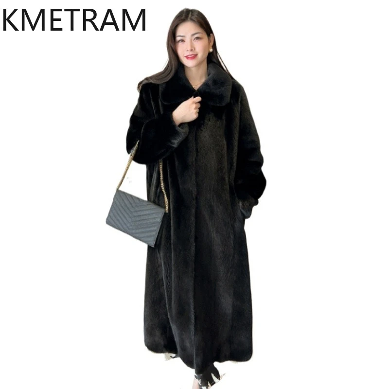 KMETRAM 100%天然ミンク毛皮ジャケット 女性用 最高品質 ラペル付き ロングリアルミンクファーコート 冬用婦人服 2026 шуба