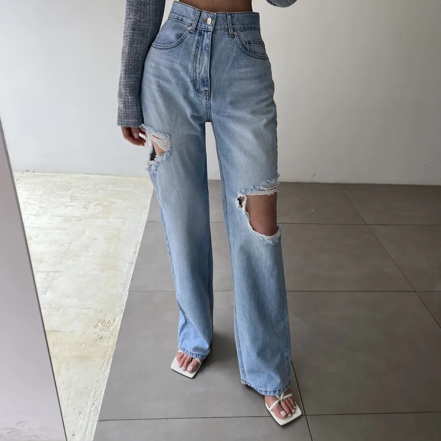 

Джинсы из денима с высокой талией, женские винтажные джинсы с завышенной талией, потертые отбеливающие универсальные прямые длинные брюки