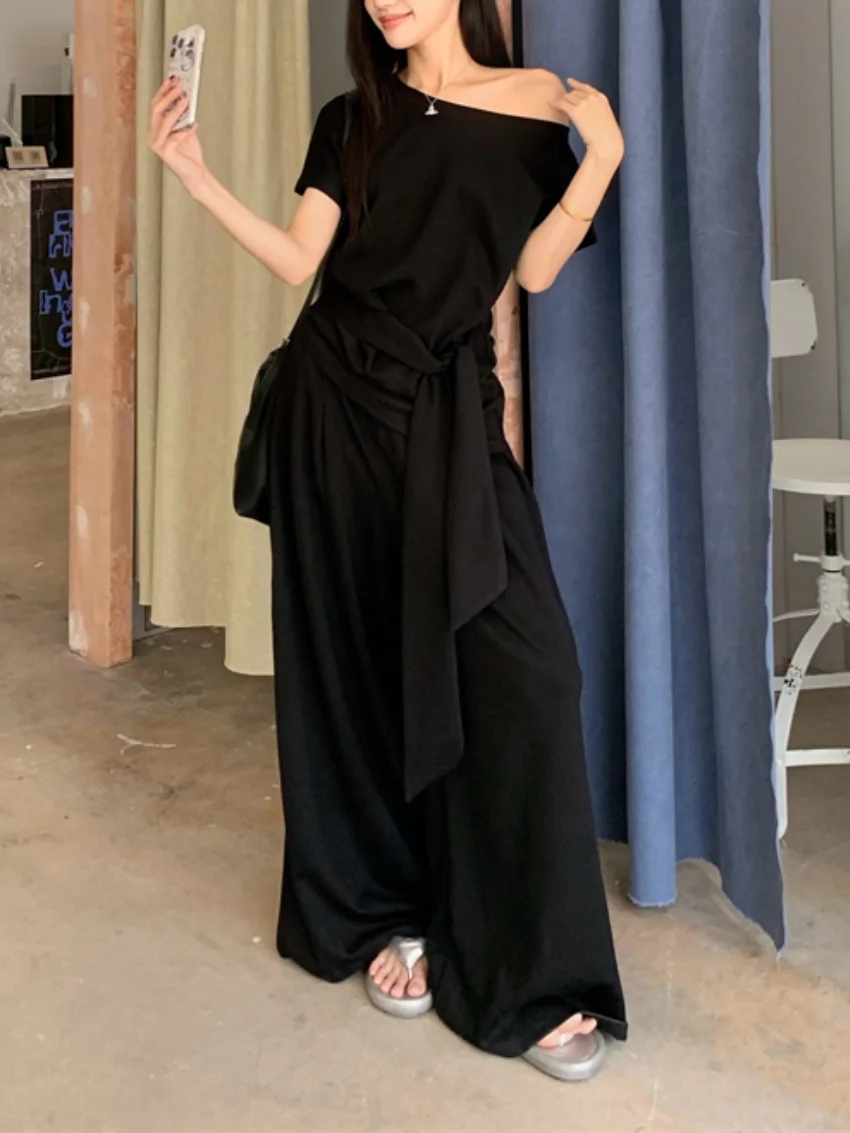 Alien Kitty Office Lady Women Suits Summer Elegant Solid Daily 2025 Mujer Skew Collar T-Shirts Chic Wide Leg Loose Pants