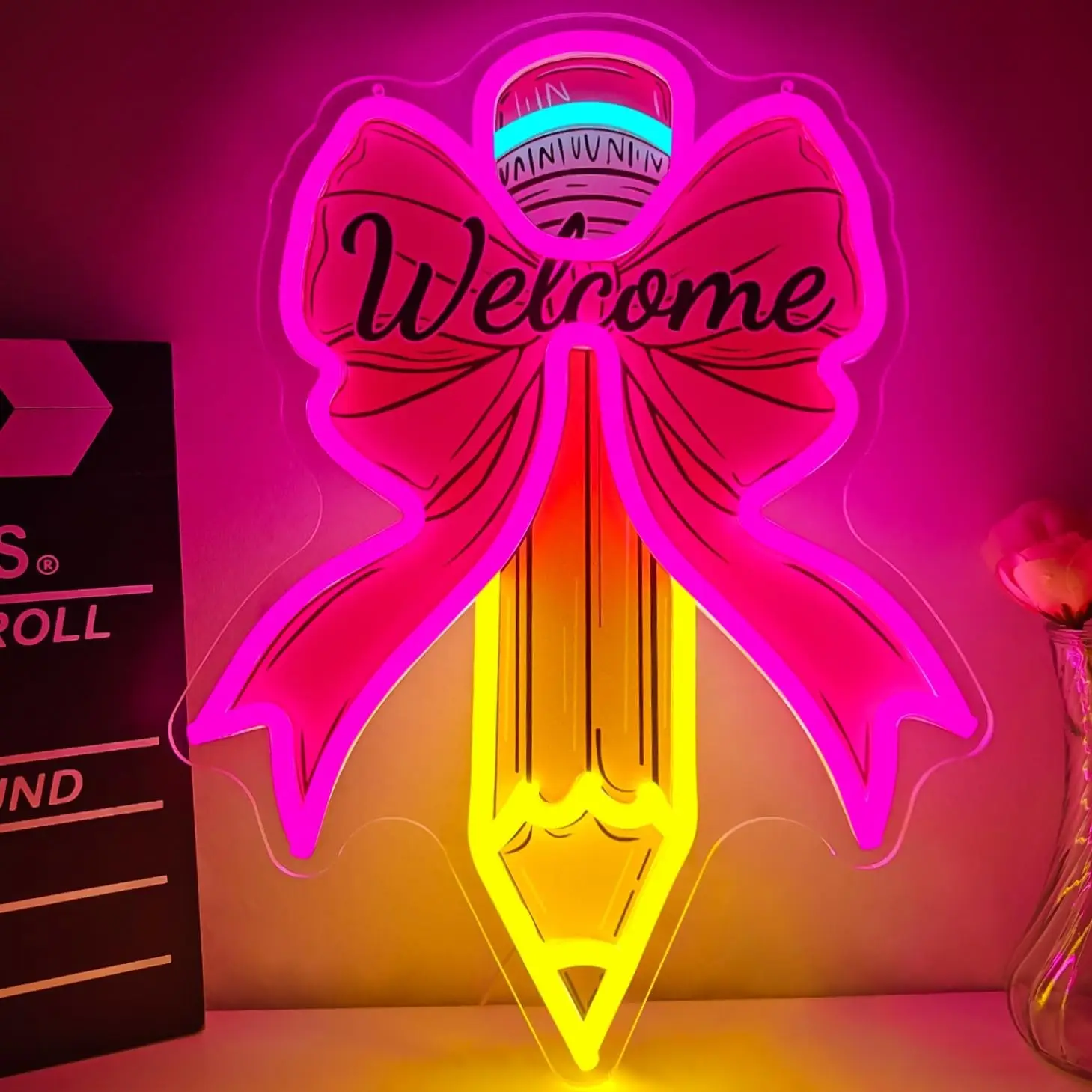 

Pink Pencil Bow Neon Sign USB Powered LED Neon Light Back To School Bedroom Decorations Gift First Day Of School Art Wall Light