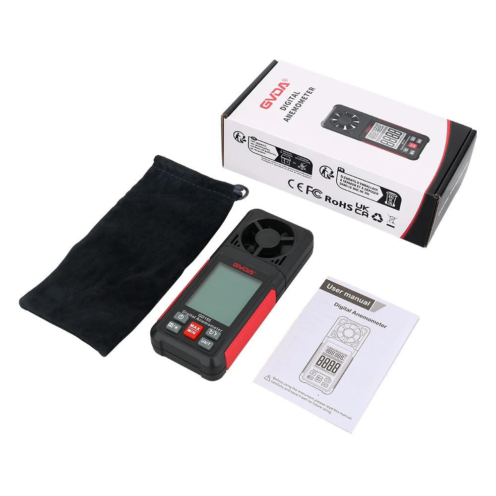 GVDA Digital Anemometer Handheld Wind Speed Meter GD155 for Measuring Wind Speed Temperature and Wind Chill with Backlight LCD