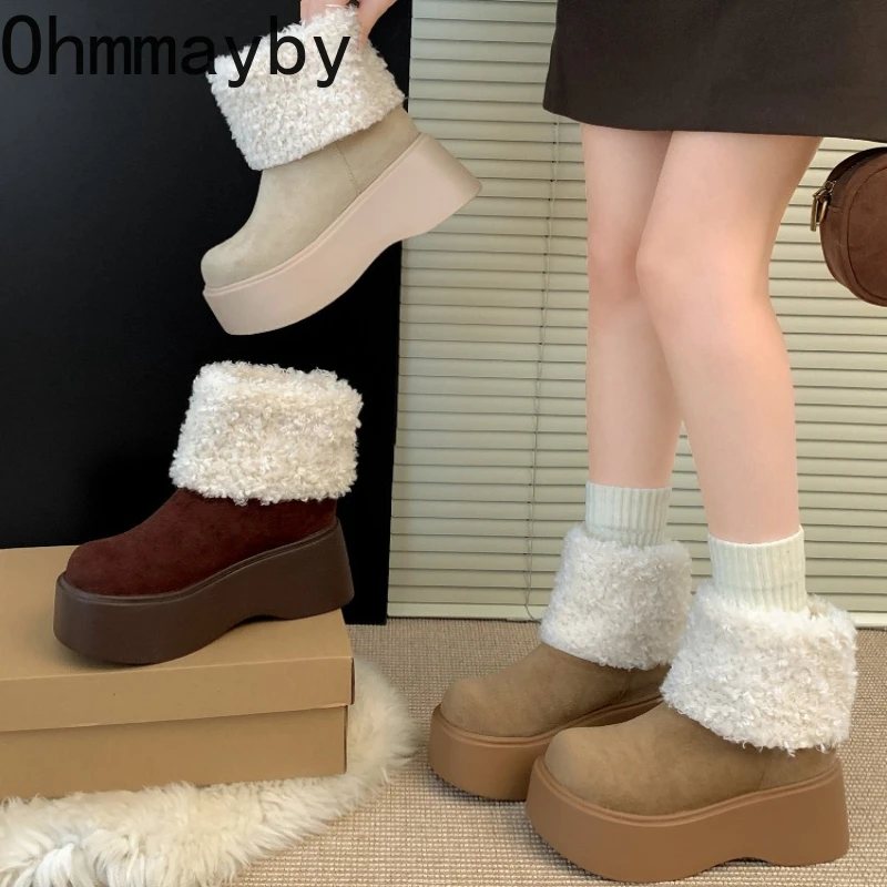 

Winter Platform Flats Women Fur Lining Snow Boots Concise Slip On Shoes Ladies Comfort Warm Cotton Chunky Short Booties