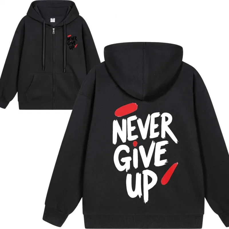

Мужская толстовка на молнии Never Give Up с принтом, уличная одежда унисекс, стиль хип-хопа, осенне-зимние модные топы в стиле хип-хоп