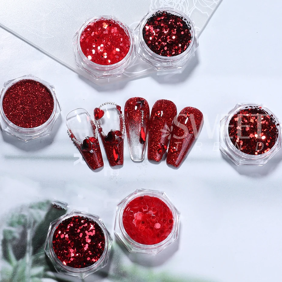 12 pçs vermelho prego glitter lantejoulas mix holográfico gel polonês em pó diy inverno espumante ano novo manicure decoração suprimentos de unhas