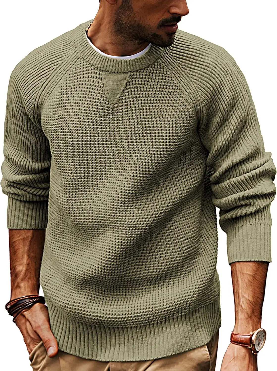 2026 Men Knit Pullovers Solid Round Neck Loose Sweaters Long Sleeve Casual Thick Spliced Male Jumpers Winter Slight Strech