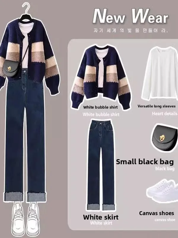 Nova Moda de Outono 2024 Cseta Base de Tamanho ande Suéter Conjunto Versátil de Jeans de Aodão com Zíper de Manga Long...