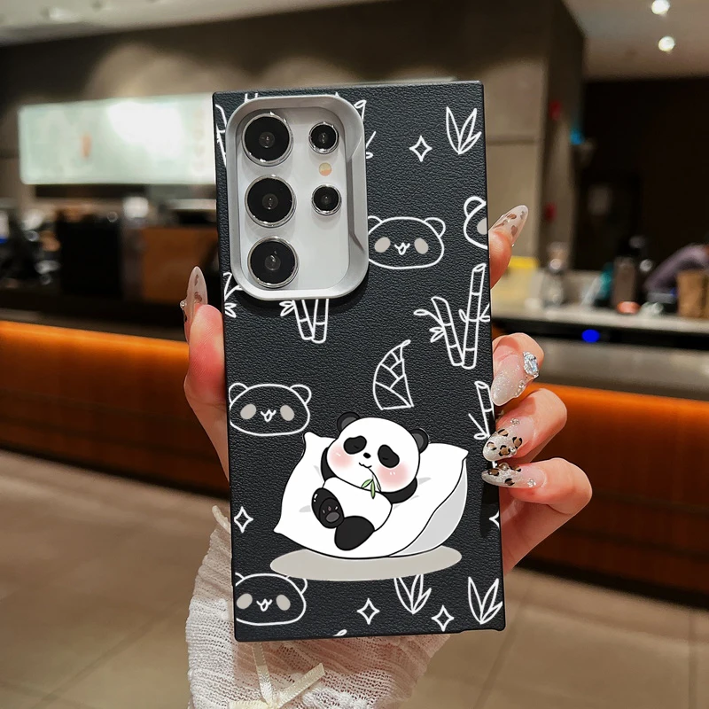 Lying Down Panda Case For Samsung Galaxy A55 A54 5G A35 A25 A15 A16 A52 A53 A14 A34 S20 S21 FE S22 S23 S24 Ultra Leather Texture