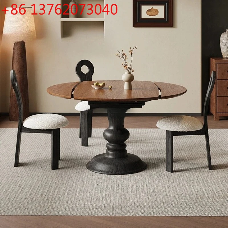 Vintage Style Solid Wood Dining Table French Retro Style Home Small Apartment Extendable Folding Round Square