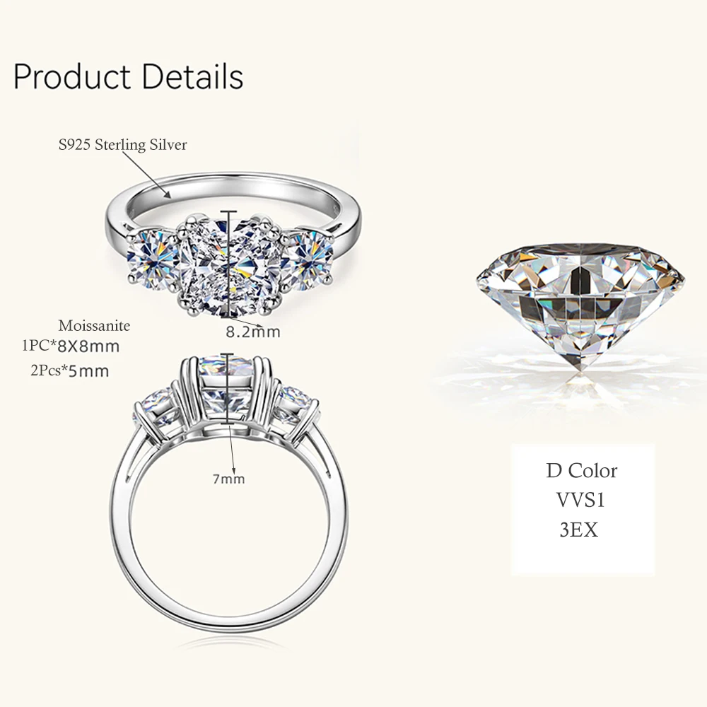 MUXIFC 3.5cttw Full Moissanite Ring for Women 3-Stones Lab Diamond D VVS1 GRA Certified Engagement Wedding Band 925 Silver Gift