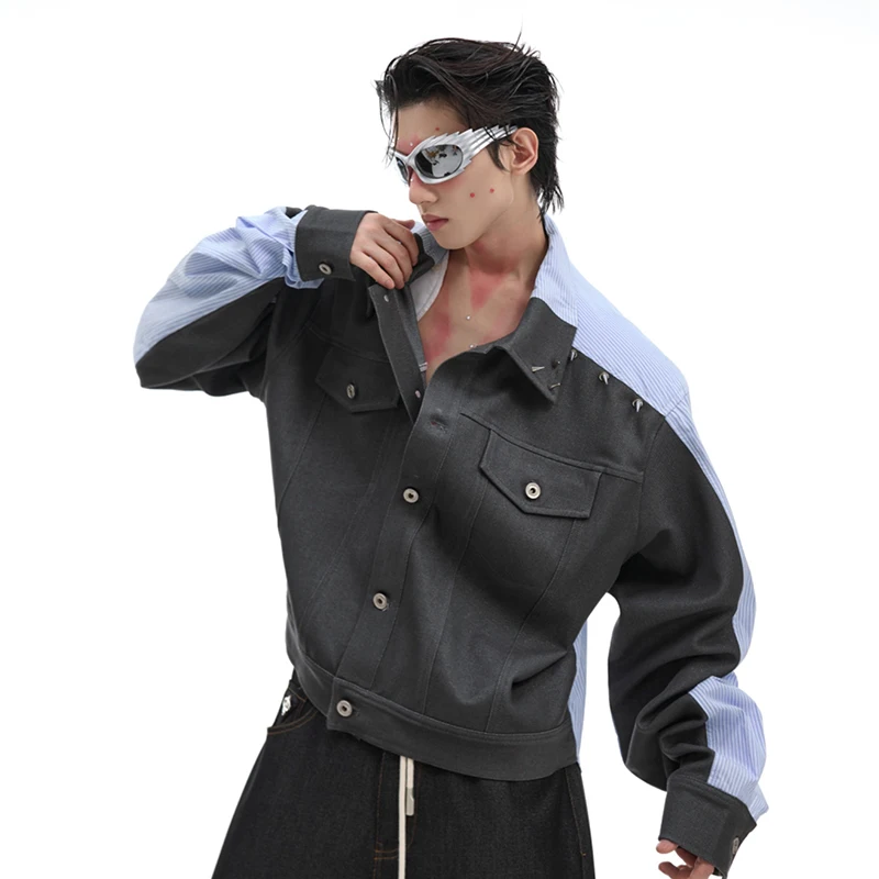 IEFB Korean Style Patchwork Design Men's Jackets Metal Rivet Loose Single Breasted Long Sleeved Shirt Contrast Color Top 24E2508