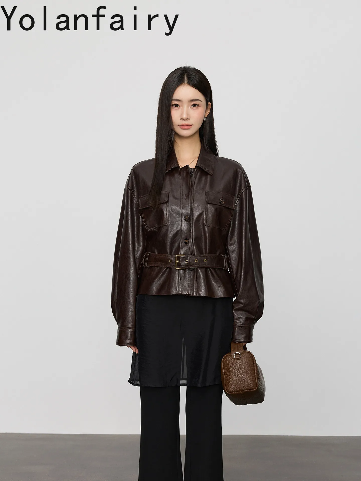 YOLANFAIRY Luxury 100% Genuine Leather Jacket Women Elegant Belted Real Sheepskin Woman Leather Coats Old Money Style jaqueta