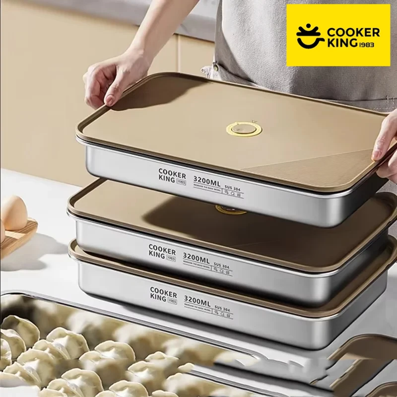 COOKER KING Stainless Steel Food Storage Container Dumplings Tray Rectangle Dish with Cover Thick Refrigerator Organizer Plate