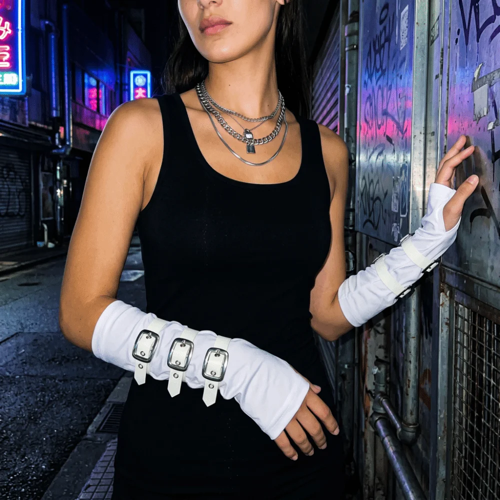 Polyester Punk Arm Sleeves Nonstretch Fabric Metal Buckles Dark Gothic Arm Covers Lightweight White Half-arm Sleeve Gloves