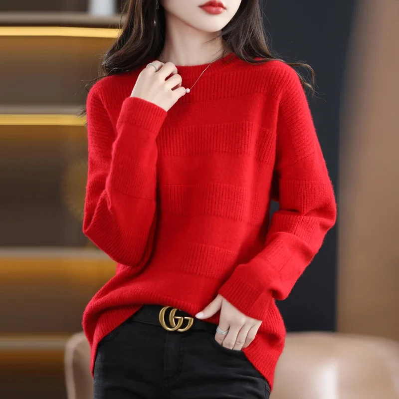 2023 Autumn Winter Double Thickened Loose Cashmere O-Neck Sweater Women's 100% Pure Wool Knit Pullover Girl Clothes Outwear